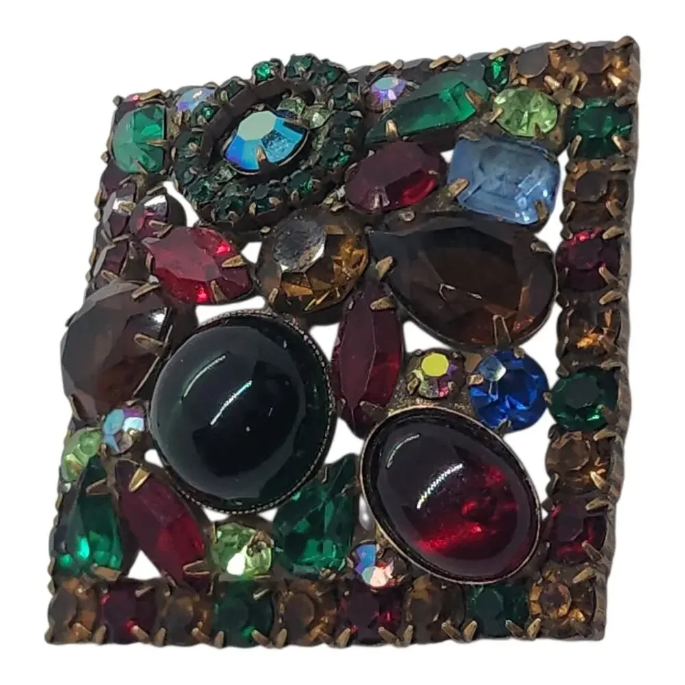 Vintage HUGE Weiss Fruit Salad Rhinestone Cabochon Square Multicolor Unsigned
